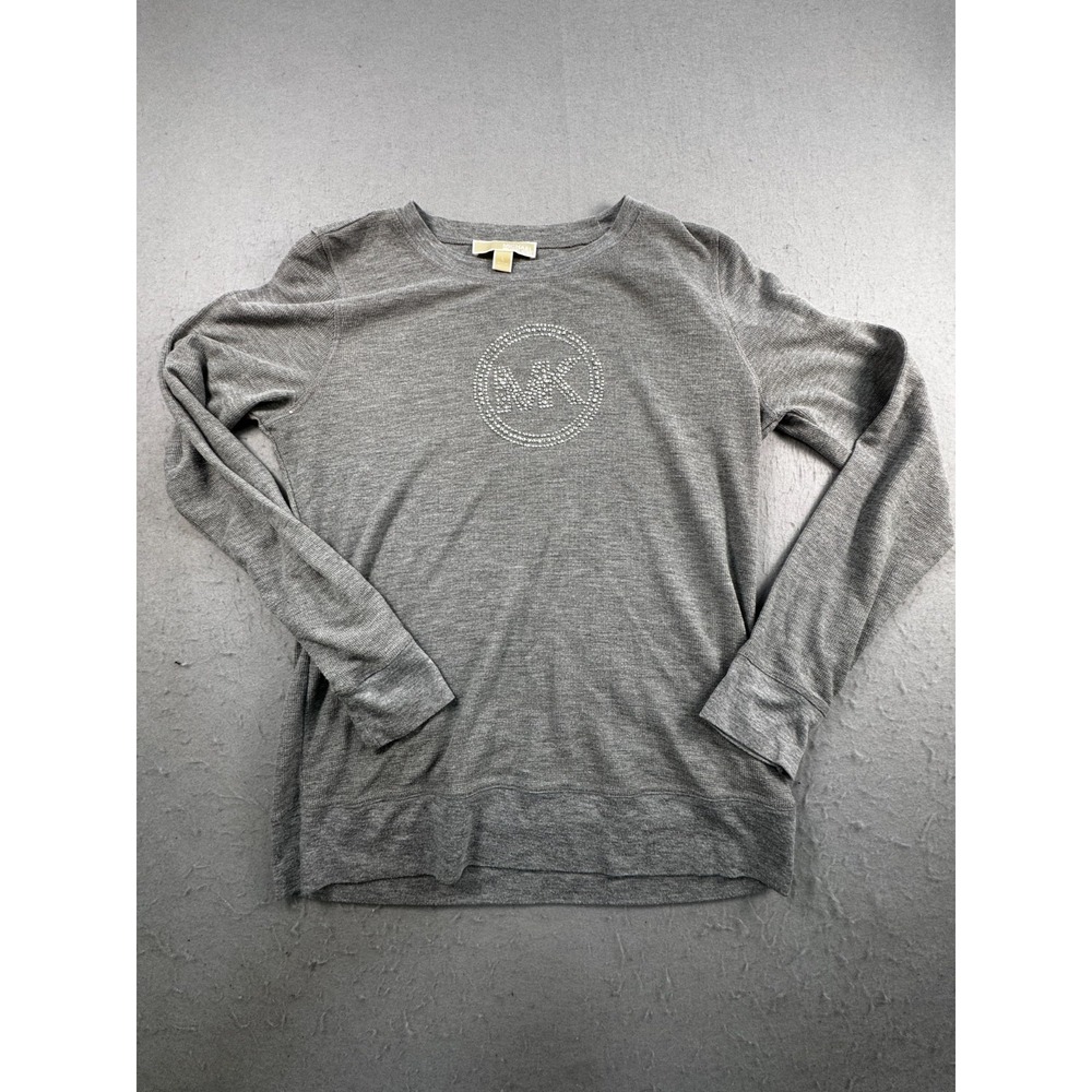 Michael Kors Womens Gray Rhinestone MK Logo Thermal Top Long Sleeve Large